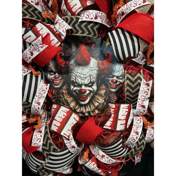 Halloween Wreath For Front Door Scary Clown Wreath Handmade 22 inch - Picture 6 of 8